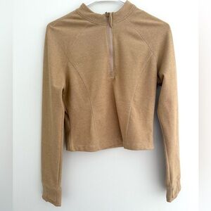 Stylish Tan Quarter-Zip Women's Sweatshirt- Rae Mode